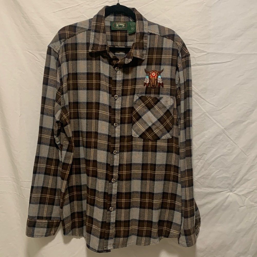 Women’s custom decorated Stillwater supply LS XL Brown/tan flannel shirt EUC